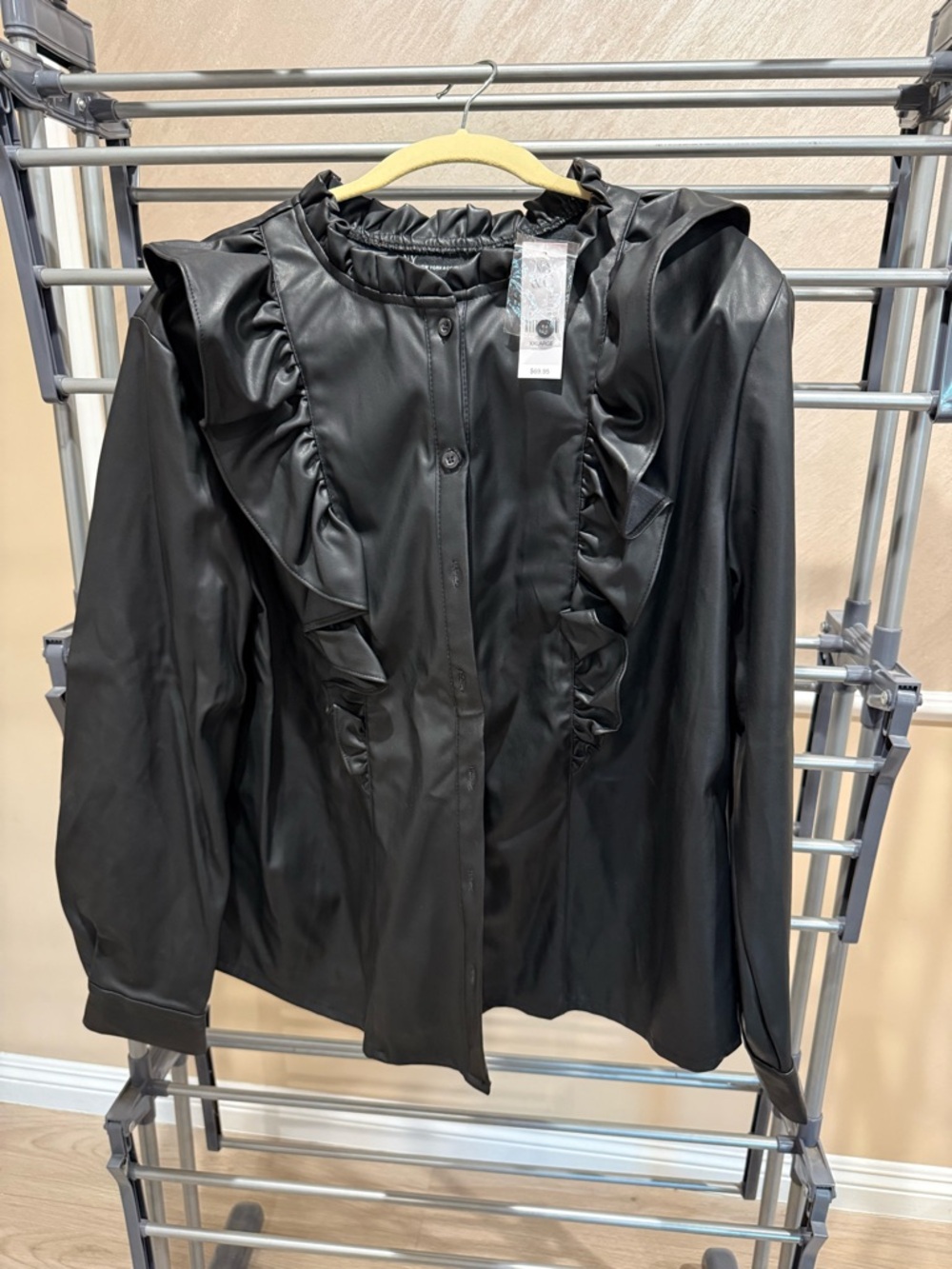 New York & Company Black Faux Leather Ruffle-Trim Button Jacket